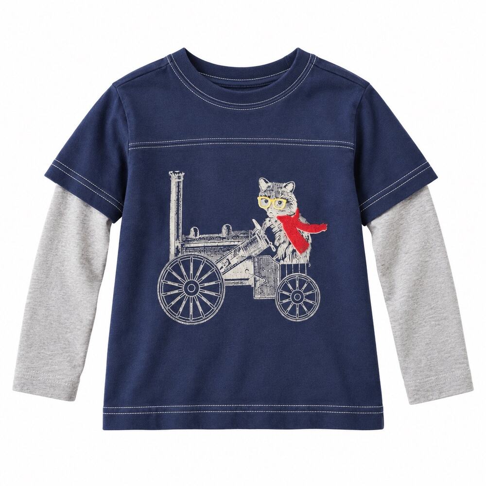 Hanna Andersson Boys/Girls Size 90 Navy Cat Graphic Layered Shirt – 100% Cotton